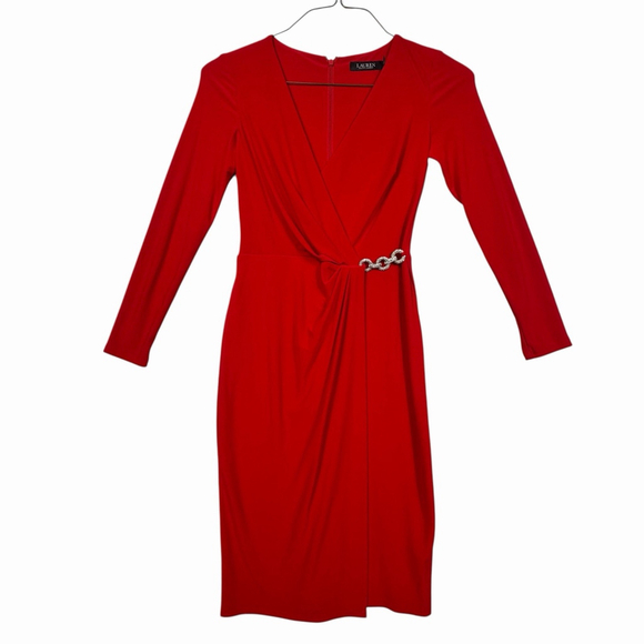 Lauren Ralph Lauren Dresses & Skirts - Lauren Ralph Lauren Red Faux Wrap Dress with Jewel Detail Womens Size 2
